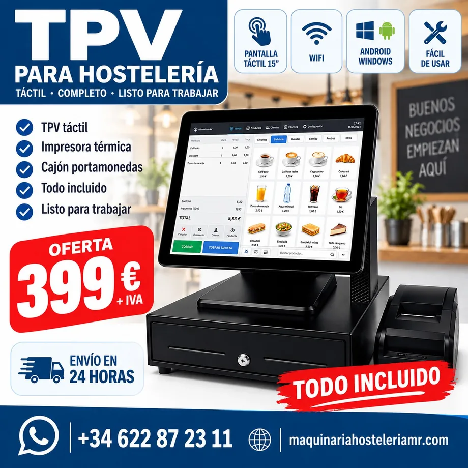 TPV táctil completo para hostelería con impresora de tickets y cajón portamonedas