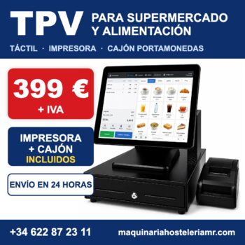 TPV táctil para supermercado y alimentación por 399 € más IVA, con impresora de tickets y cajón portamonedas incluidos