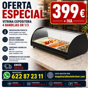 Vitrina calienta tapas de 4 bandejas GN 1/3 con cristal curvo