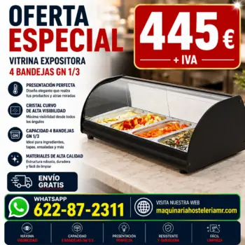 Vitrina calienta tapas de 4 bandejas GN 1/3-40 con luz led y cristal curvo