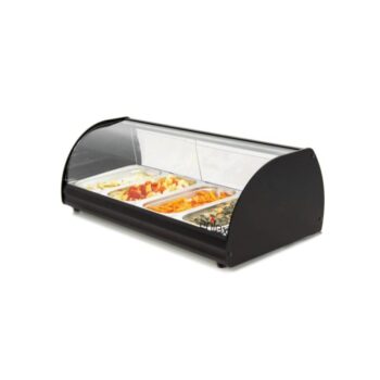Vitrina calienta tapas de bano maria con cuatro cubetas GN 1/3, luz led y cristal curvo abatible