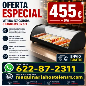 Vitrina calienta tapas de 6 bandejas GN 1/3 con cristal curvo