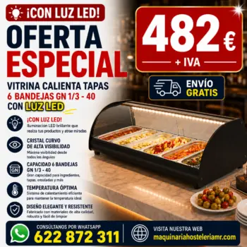Vitrina calienta tapas de 6 bandejas GN 1/3-40 con luz led y cristal curvo