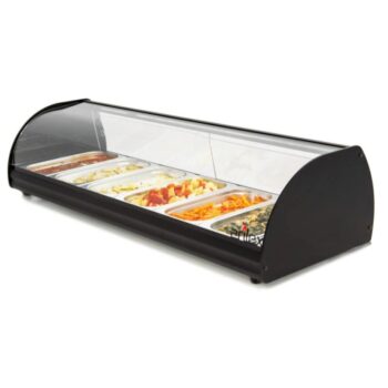 Vitrina calienta tapas de bano maria con seis cubetas GN 1/3 y cristal curvo abatible