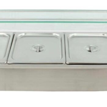 Vitrina caliente de bano maria de acero inoxidable con tres cubetas GN 1/2, tapas, cristal trasero y superior, grifo de vaciado y display digital de temperatura