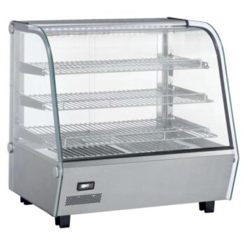 Vitrina caliente de sobremostrador de 120 litros con tres estantes de rejilla y cristal frontal curvado