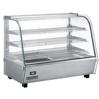Vitrina caliente de sobremostrador con tres estantes de rejilla, cristal frontal curvado e iluminación LED