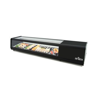 Vitrina refrigerada para sushi de 8 bandejas GN 1/3 con superficie plana y grifo de vaciado