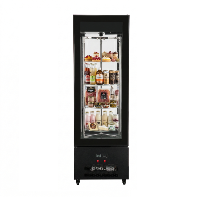 Armario expositor refrigerado de 440 litros con 4 caras de cristal y estantes giratorios - Imagen 2