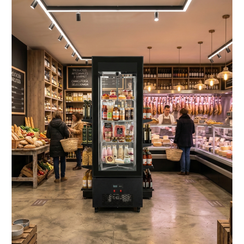 Armario expositor refrigerado de 440 litros con 4 caras de cristal y estantes giratorios - Imagen 3