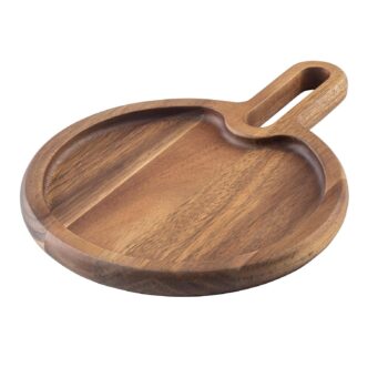 Bandeja de servicio redonda de madera de acacia, 28 x 20,5 x 2 cm