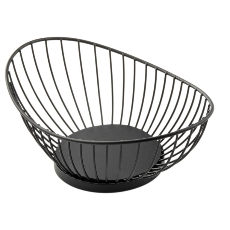 Cesto oval em aço com revestimento em pó preto com fundo maciço, 23 x 15 x 9 cm — Caixa de 6 unidades