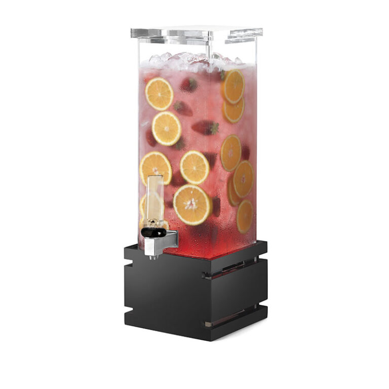 Dispensador de bebidas cuadrado con base negra brillante de bambú de 7,5 L