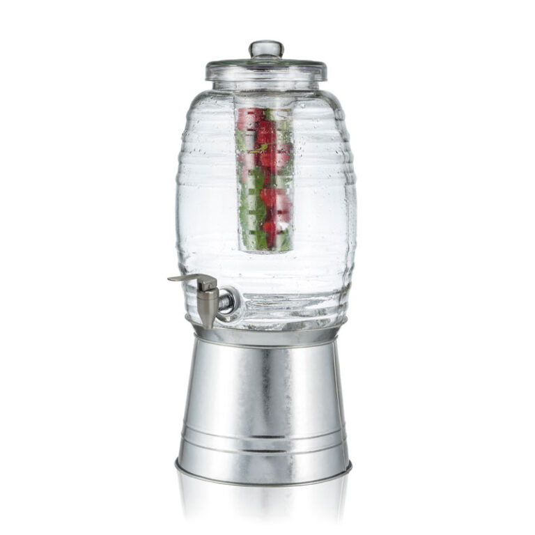 Dispensador de bebidas de vidrio con grifo de acero inoxidable, infusor y depósito de hielo