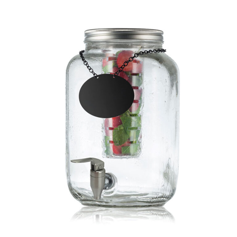 Dispensador de bebidas de vidrio tipo tarro con grifo de acero inoxidable, infusor y depósito de hielo