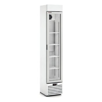 Expositor refrigerado vertical estrecho de 1 puerta de cristal