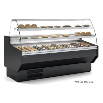 Vitrina refrigerada de pastelería de cristal curvo con estantes iluminados