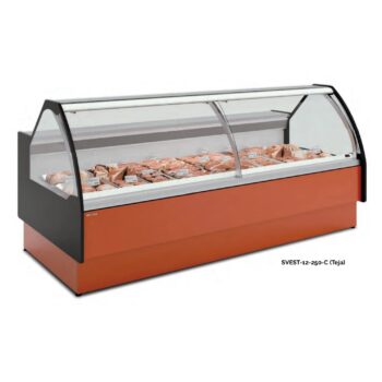 Vitrina expositora refrigerada de cristal curvo modular para montaje en línea fondo 121,5 cm