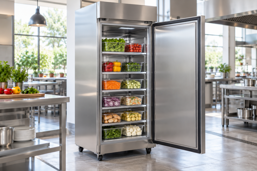 Armario refrigerado profesional en una cocina luminosa