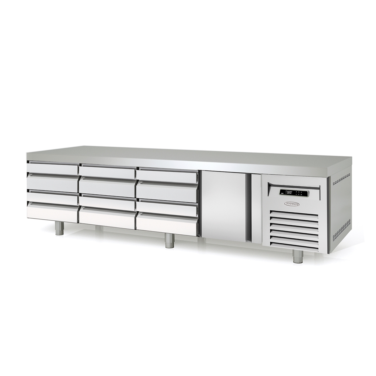 Mesa refrigerada baja de 600 mm con cajones y puerta, de 135 a 270 cm (puertas de vidrio)