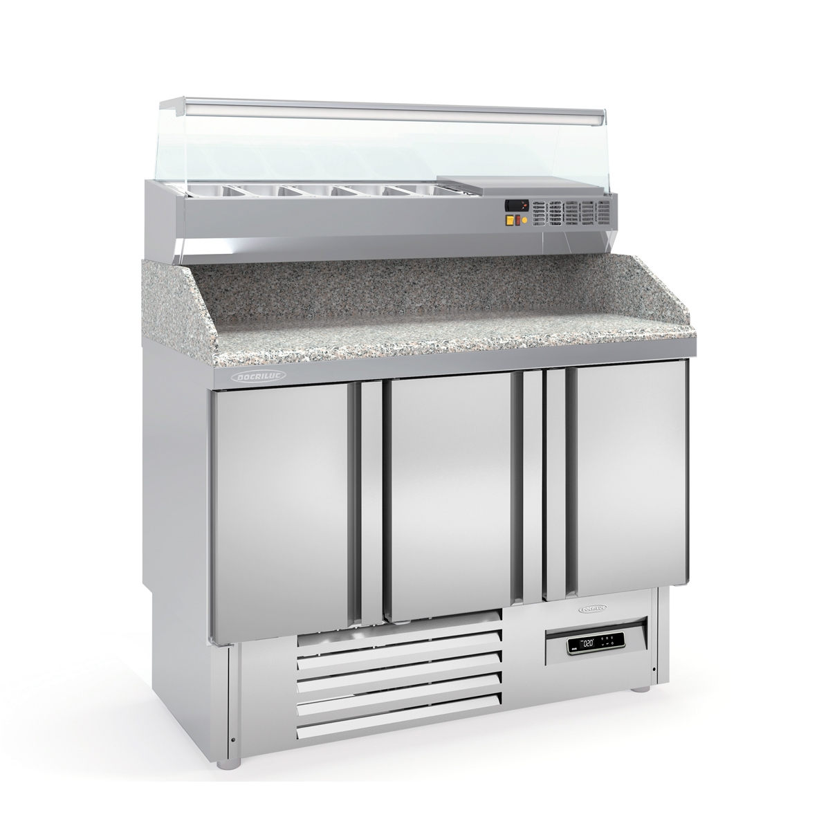 Mesa refrigerada de pizza compacta de 137 cm con expositor de ingredientes iluminado (puertas de vidrio)