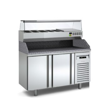 Mesa refrigerada de pizza con encimera de granito y expositor de ingredientes, de 150 a 255 cm