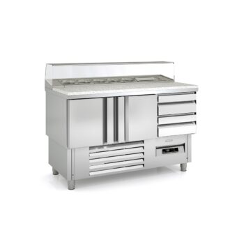 Mesa refrigerada de preparación con encimera de granito y cúpula de cristal, de 93 y 138 cm