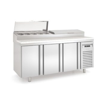 Mesa refrigerada de preparación con expositor de ingredientes y tapa inox, de 150 a 270 cm