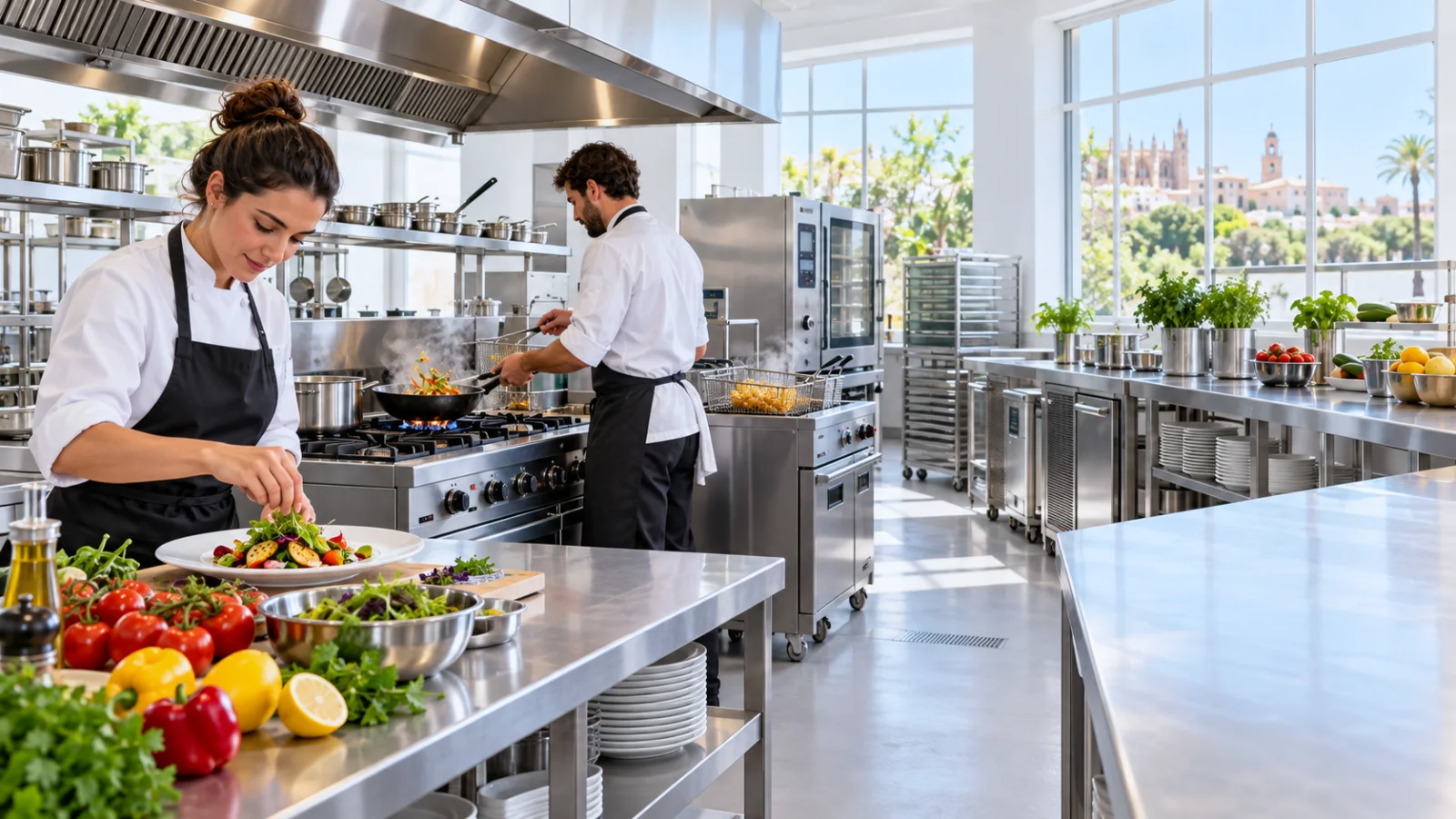 Escena ilustrativa: dos cocineros trabajando en una cocina profesional luminosa con fogones, freidora y verduras frescas