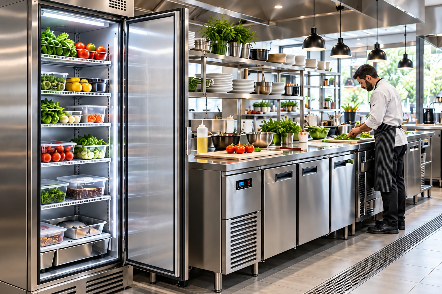 Cocina de restaurante luminosa con cocinero y equipamiento profesional