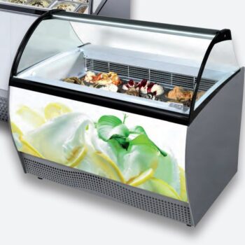 Vitrina de helados con cristal curvo y cámara de reserva