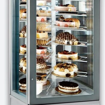 Armario expositor giratorio de pastelería y heladería con espiral de 26 estantes de cristal
