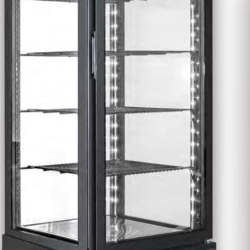 Expositor refrigerado negro con cuatro caras de cristal