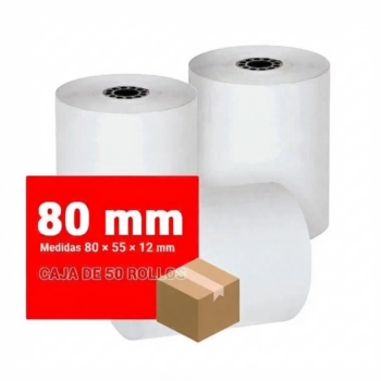 Papel térmico de 80 x 55 x 12 mm sin BPA, caja de 50 rollos