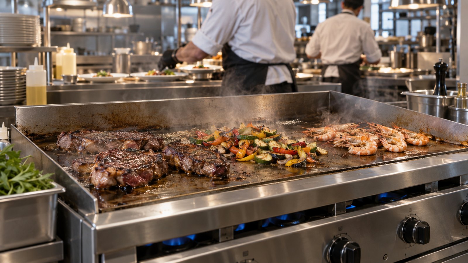 Plancha a gas profesional de acero inoxidable cocinando carne, verduras y gambas en una cocina de hostelería