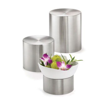 Set de 3 elevadores cilíndricos de acero inoxidable cepillado, 20 cm Ø x 23 cm, 18 cm Ø x 15 cm y 15 cm Ø x 8 cm