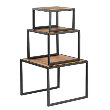 Set de 3 elevadores cuadrados de madera de acacia y metal, pequeño: 15 x 15 x 7,5 cm