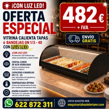 Vitrina calienta tapas de baño maría para seis cubetas GN 1/3 con luz LED