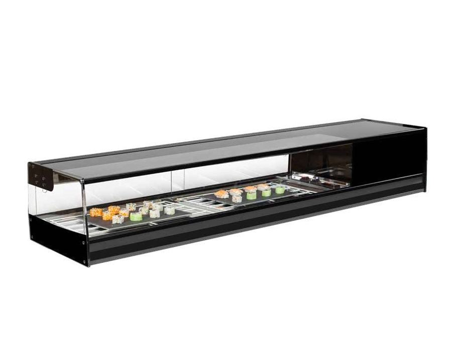 Vitrina refrigerada para sushi de cristal recto, acabado negro