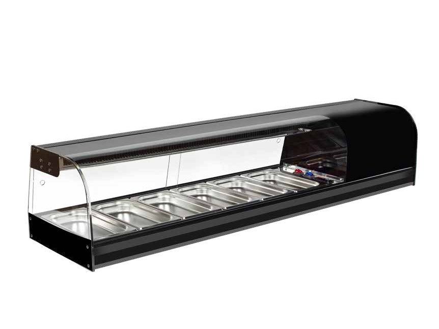 Vitrina refrigerada para sushi de cristal curvo, acabado negro