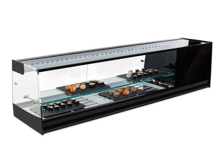 Vitrina refrigerada para sushi con estante, acabado negro