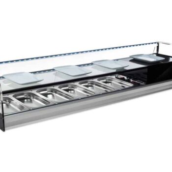 Vitrina refrigerada de tapas de cristal curvo con estante y cubetas