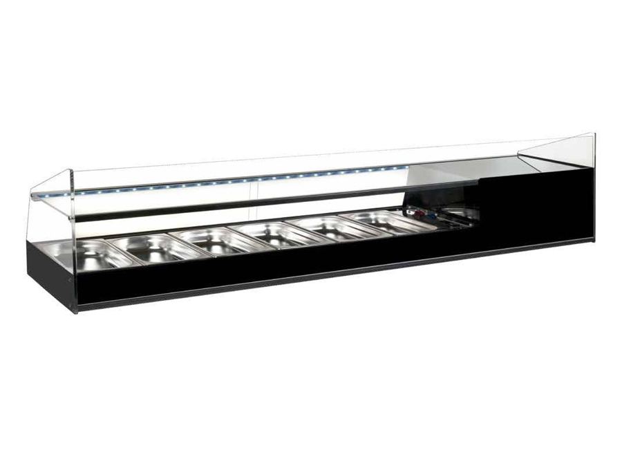 Vitrina refrigerada de tapas negra con cristal frontal sin perfilería con parrillas