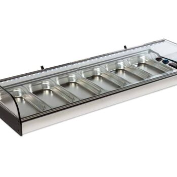 Vitrina refrigerada de cubetas de acero inoxidable con cristal curvo