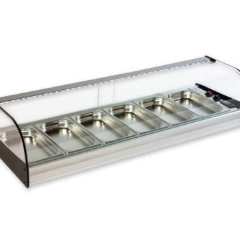 Vitrina refrigerada de tapas de cristal curvo con grupo remoto con cubetas GN 1/3
