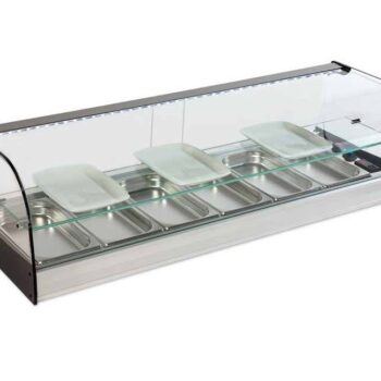 Vitrina refrigerada de tapas de cristal curvo con estante y grupo remoto con cubetas GN 1/3