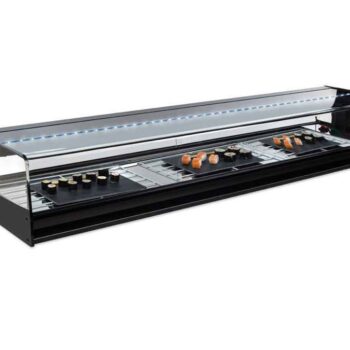 Vitrina refrigerada para sushi de cristal curvo con cubetas, grupo remoto