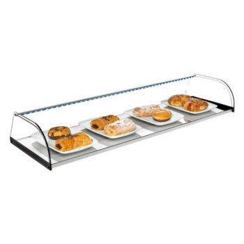 Vitrina neutra de cristal curvo con base de acero inoxidable