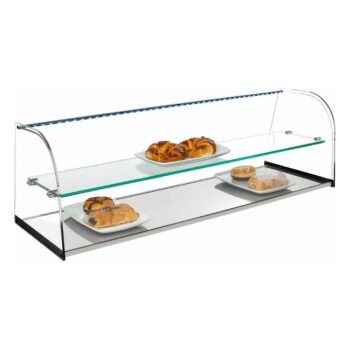 Vitrina neutra de cristal curvo con estante y base de acero inoxidable