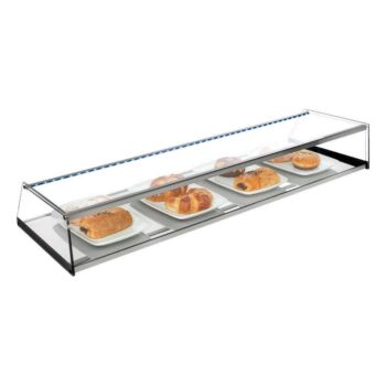 Vitrina neutra de cristal recto con base de acero inoxidable